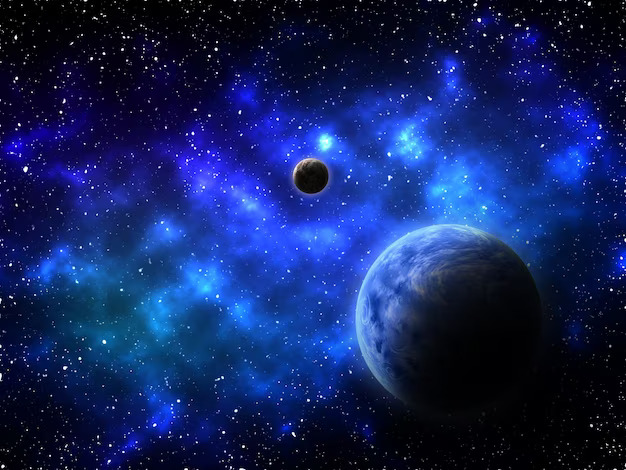 سیاره زمین و سیاره دیگری که در فضا در کنار هم قرار دارند و ستاره ها نیز بسیار زیاد میباشند