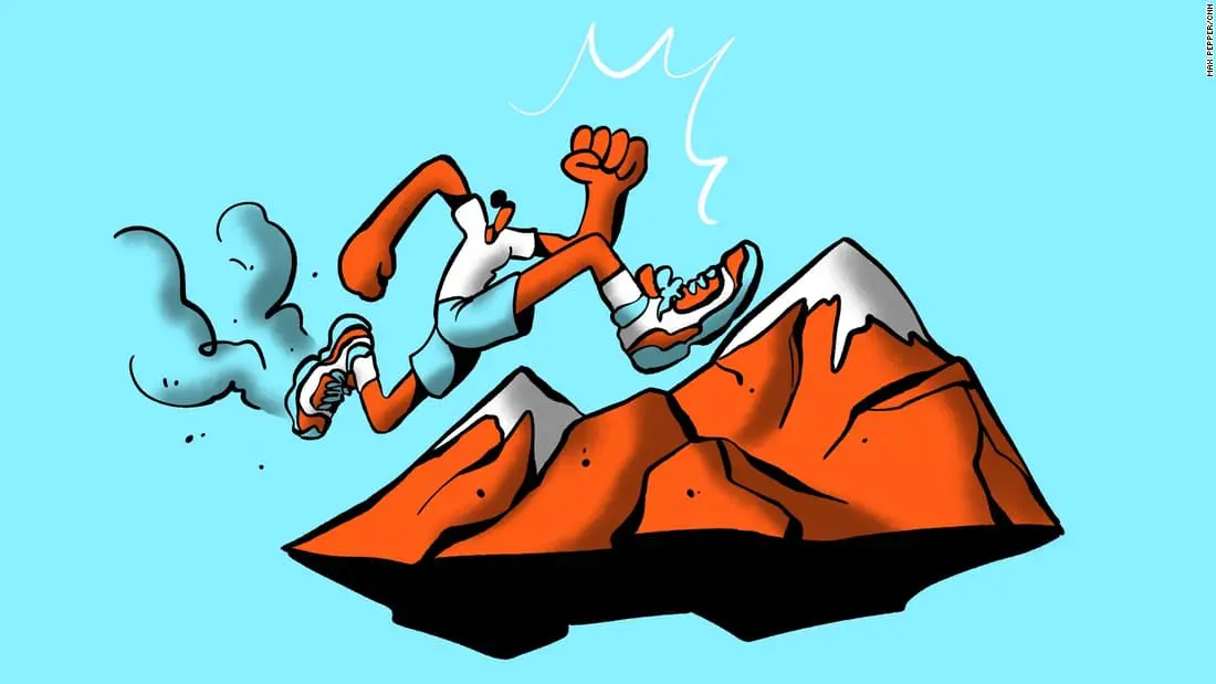 تصویری سازی کارتونی از کوه و فردی که درحال بالا رفتن سریع و قوی از کوه میباشد