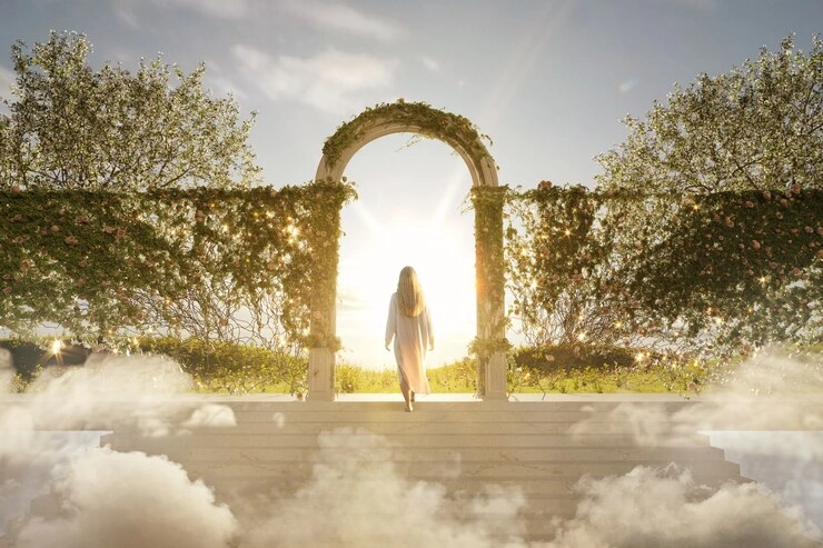 دگرگونی در زندگی - تصویر ورود یک زن به گذرگاهی از نور و دروازه و طبیعت درخت و آسمان