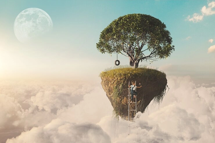 دگرگونی در زندگی - تصویر یک درخت سرسبز در آسمان و یک پسر در حال بالا رفتن از نردبان منتهی به درخت