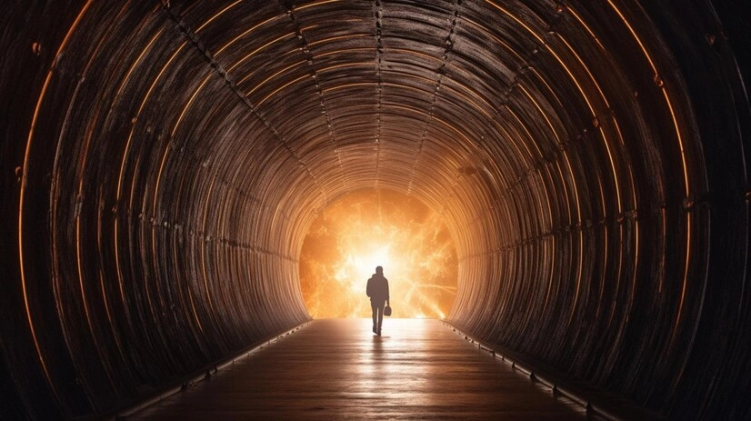 مرد در تونل در حالی که به سمت خروج تونل می رود.