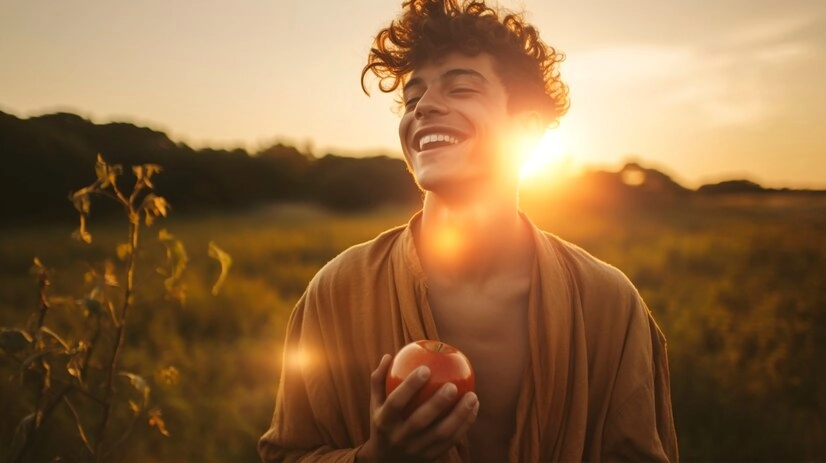 مرد جوان در مزرعه با سیب در دست و خندان