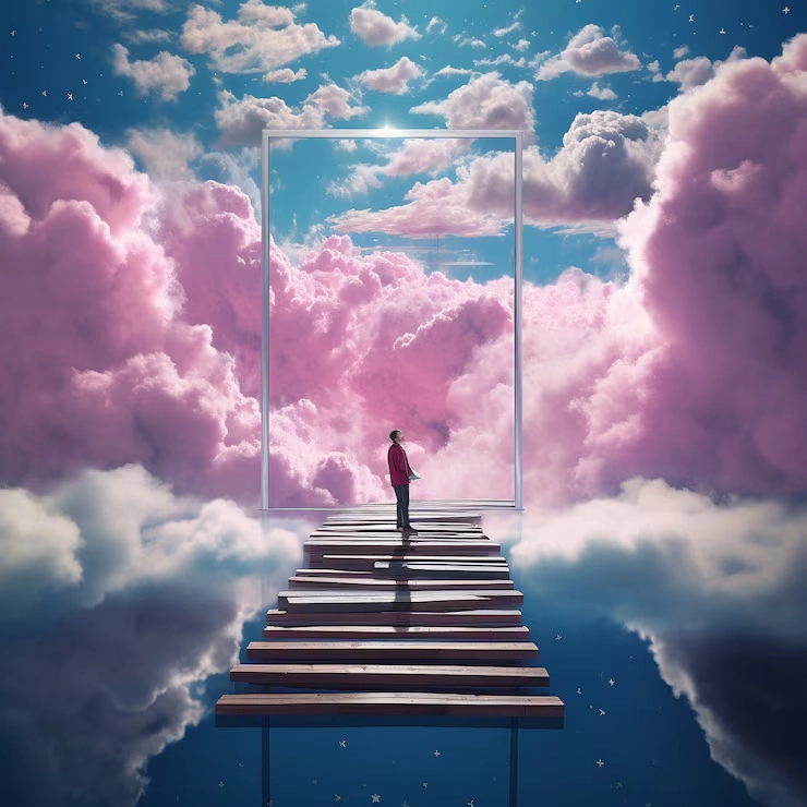 تصویر تعدادی پله و یک شخص بر روی پله ها واقع در ابرهای صورتی در میان آسمان آبی